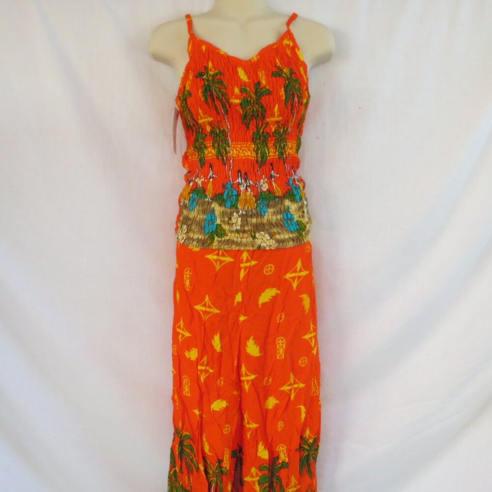 NEW Shoreline Pants Set Halter Top Orange Hawaiian Print Wrap Around Flowy OSM